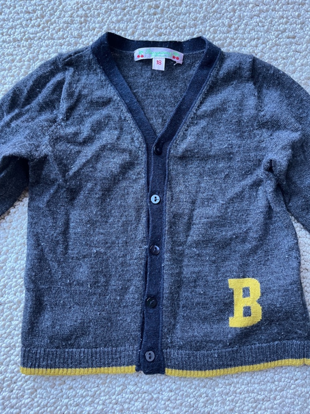 Ridiculously Charming Charcoal Button Cardigan with Yellow Trim - B Initial
